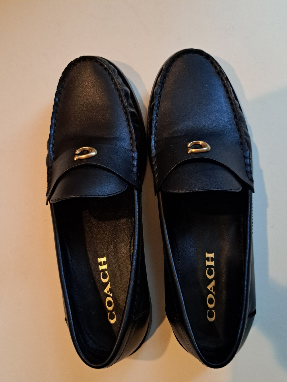 Coach Black Leather Women's Loafers with Gold Accent